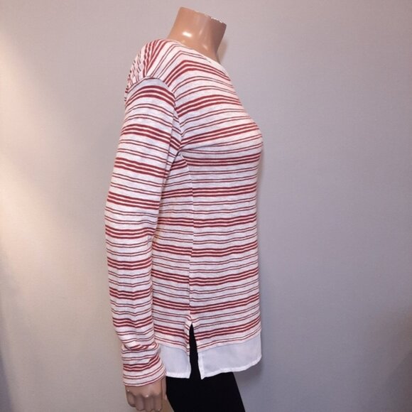 3/$20 Denver Hayes Striped Knit Top Faux Layered Hem Cotton Burgundy White - Picture 8 of 13